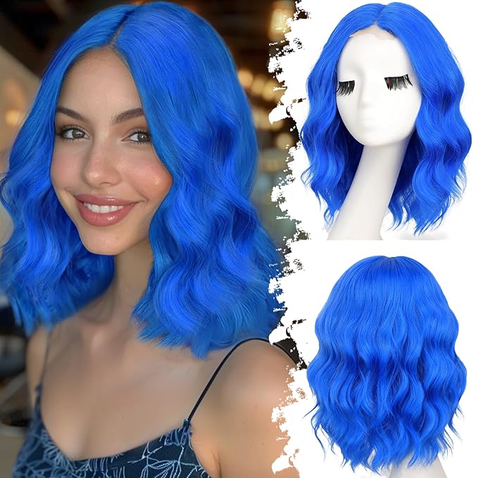 Blue Short Wavy Wig for Women Lace Hairline Bob Style Synthetic Heat Resistant - Natural Appearance for Everyday Hairstyle 14 Inch