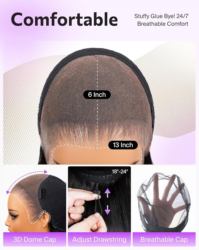 Drawstring Glueless 13x6 Lace Front Wigs Human Hair Pre Plucked Pre Cut Ear-To-Ear HD Frontal Glueless Wig 220% Density Pre Bleached Straight Wigs Human Hair 18 Inch