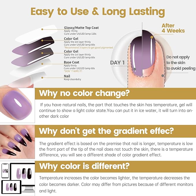 YTD Likomey Color Changing Gel Nail Polish 2 Pcs Set,15ml Grayish Purple to Black Pure Color and Brocade Glitter Kit,Fall Winter Thermal Ombre Change Colors Manicure UV Varnish,2 Pcs 15ml,WB2-05