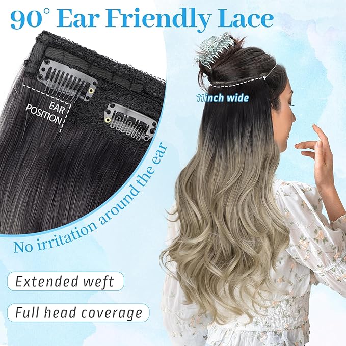 KooKaStyle Invisible Wire Hair Extensions 20"Long Wavy Layered Synthetic Clip in with Adjustable Size 6 Secure Clips Ombre Black to Ash Blonde Natural Soft Thick Hairpieces for Women 20 Inch