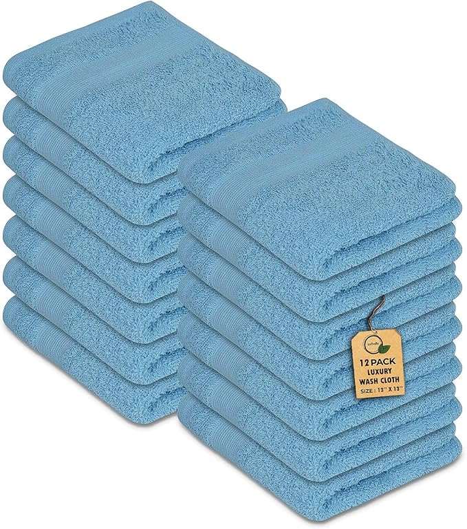 Premium Wash Cloths Pack of 12 (13" x 13") 100% Ring Spun Cotton | Luxury Washcloths | Ultra Soft Face Towels | Highly Absorbent Wash Cloths for face (Sky Blue)