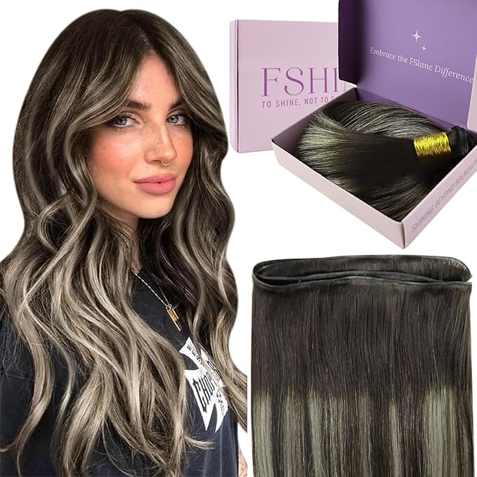 Fshine Genius Weft Hair Extensions Human Hair Weave Real Human Hair for Women Dark Brown Balayage Blonde Sew in Hair Genius Weft Natural Hair 24 Inch 60g