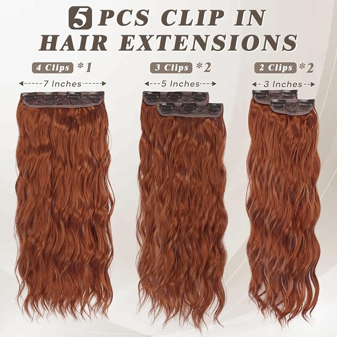 BARSDAR 20 Inch Wavy Clip in Hair Extensions – 5PCS Thick Soft Synthetic Hairpieces – Copper Red Full Head Clip in Hair Extensions for Women – Long Voluminous Easy Wear for Daily Party Halloween