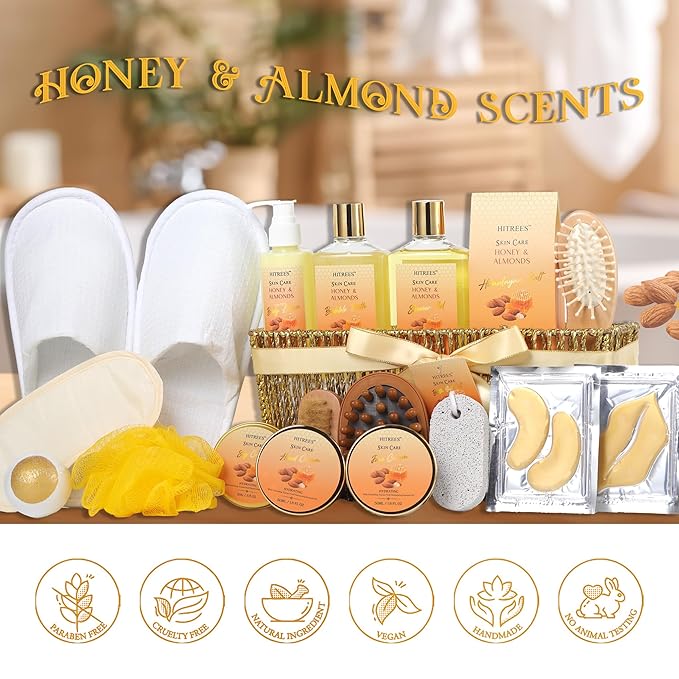 Bath Gift Basket Set, Spa Kit Gifts for Women Men, 18 Pc Almond Milk & Honey Large Spa Gift Basket Luxury Bath Set Relaxing Self Care Pampering Gifts for Birthday, Christmas, Mothers Day Gift Baskets