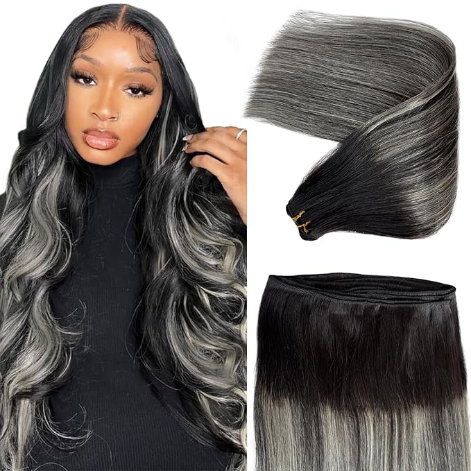 Sew in Hair Extensions Real Human Hair Black and Silver Human Hair Bundles Straight 20 Inch 100G Thick Full Balayage Sew in Extensions atural Black to Silver Ombre Weft Extensions for Women
