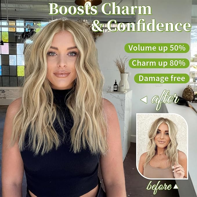 KooKaStyle Invisible Wire Hair Extensions with Transparent Wire Headband Adjustable Size 4 Secure Clips Long Wavy Hairpiece for Women(Beige Blonde mix Lvory Blonde Highlights16inch)