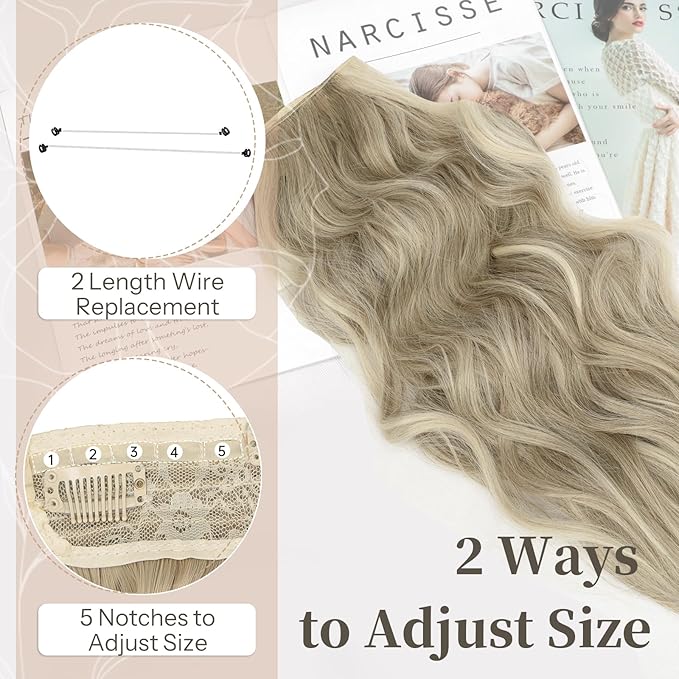 KooKaStyle Invisible Wire Hair Extensions with Transparent Headband Adjustable Size 4 Secure Clips Long Wavy Secret Wire Hairpiece 24 Inch for Women (9H60A#Ash Brown mix Platinum Blonde)