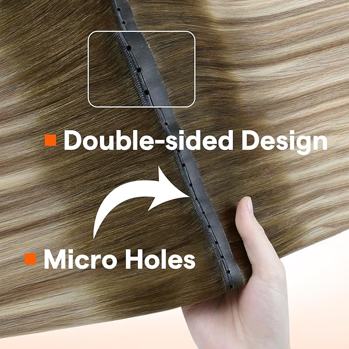 Full Shine Butterfly Weft Hair Extensions Human Hair Color Dark Brown To Light Brown Mix Blonde Ovo Weft Extensions Soft Remy Hair Invisible Pu Hole Weft Real Hair 18 Inch For Wedding 100G