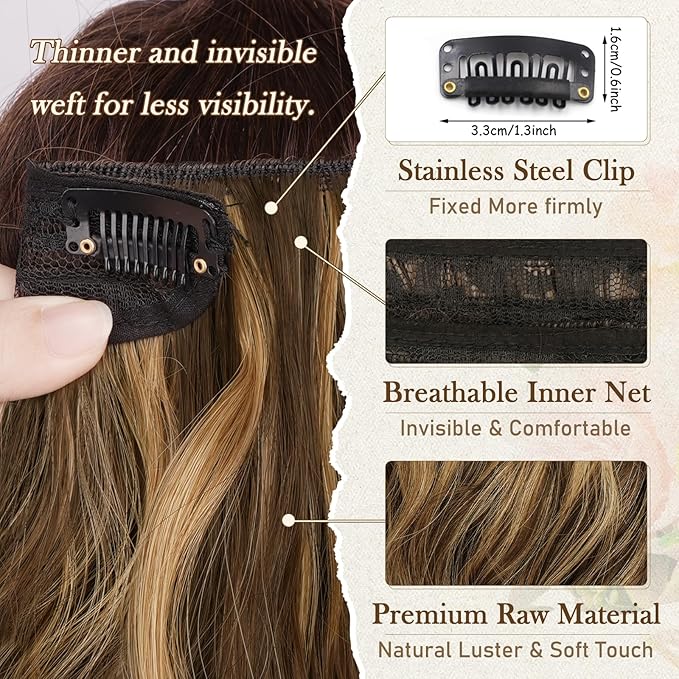 BARSDAR Short Wavy Clip in Hair Extensions - 12 Inch Highlight Hair Extensions Clip in for Women - 6PCs Thick Soft Synthetic Clip-ins Hairpieces Daily - Brown with Honey Blonde