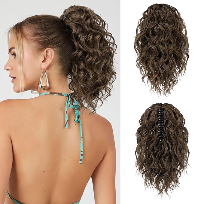 FLUFYMOOZ Ponytail Extension, 12" Short Claw Ponytail Extension Wavy Curly Jaw Clip in Pony tails Hair Extension Natural Synthetic Hairpiece for Women (Medium Brown Auburn)