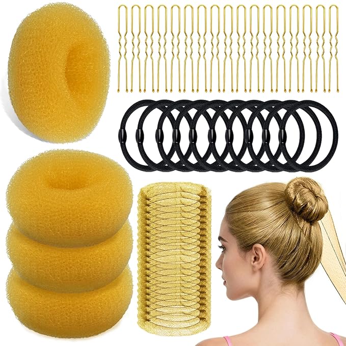 YINGFENG 134 Pcs Gold Hair Bun Maker Kit Medium - 4 Bun Hair Pieces for Women, 20 Hair Net for Buns, 100 Bobby Pins for Women, 10 Hair Bands, for Ballet Styling, Hair Accessories for Girls