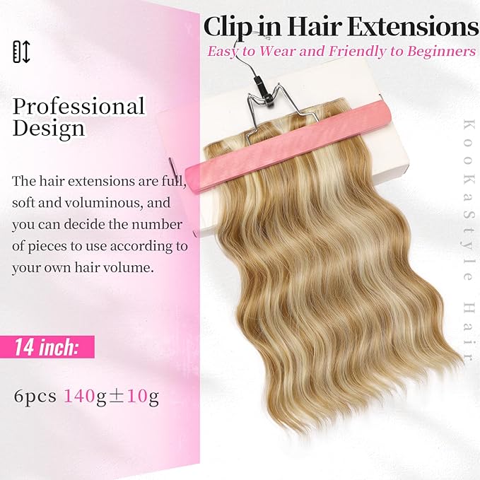 KooKaStyle Short Hair Extensions 6PCS 14 Inch Wavy Curly Hairpieces Synthetic Soft Lace Weft Clip in Hair Extensions-Honey Blonde to Bleach Blonde for Women