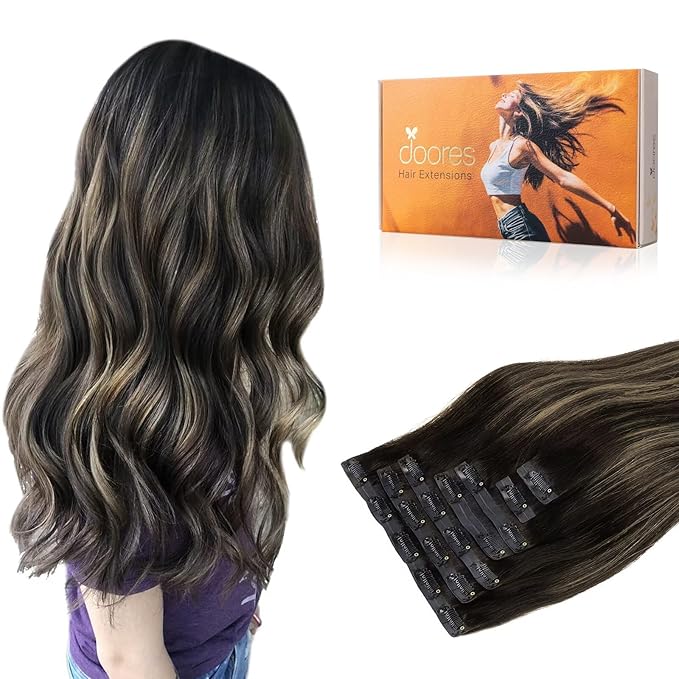 DOORES Clip in Hair Extensions, 7pcs 18 Inch 110g Balayage Natural Black to Light Blonde, Seamless Human Hair Extensions Seamless Clip Remy Hair Straight Hair Extensions Invisi Edge Hair Extensions