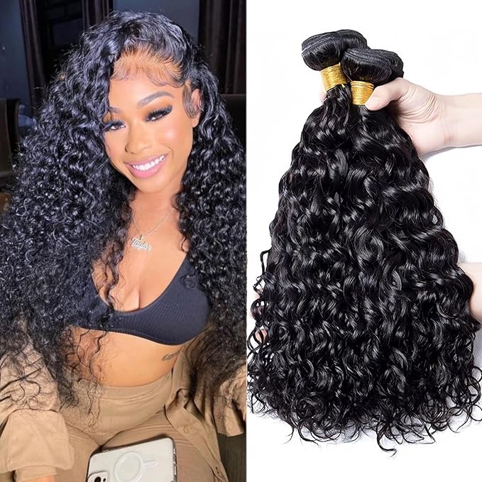 Water wave bundles 100% Unprocessed human hair bundles with Hair Extensions Natur weave color for women 100g/bundle(Natural Black, Water 22 24 26 Inch)