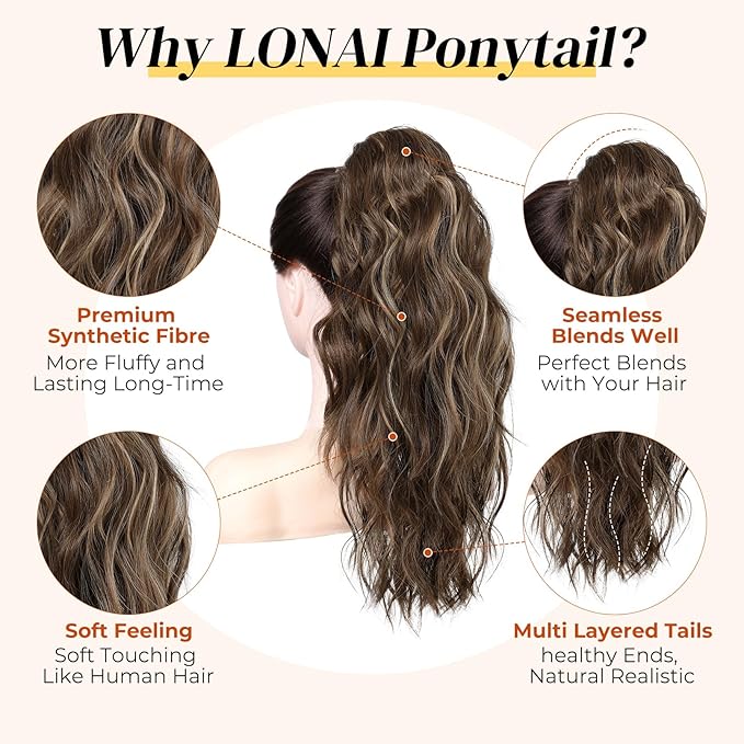 LONAI Ponytail Extension, 18" Wavy Claw Clip Ponytail Extensions ZJ001 Curly Wavy Claw Clip in Ponytail Hair Extensions Synthetic Fake Pony tails Hairpieces-Deep Brown with Dirty Blonde
