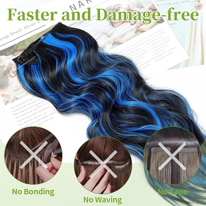 KooKaStyle Invisible Wire Hair Extensions with Transparent Headband Adjustable Size 4 Secure Clips Long Wavy Highlight Synthetic Hairpiece 20 Inch Black with Blue for Women