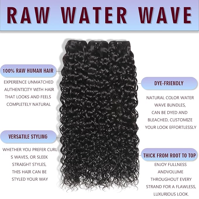 24 24 24 Inch Water Wave Human Hair Bundles Wet and Wavy Water Wave 3 Bundles Double Weft Curly Bundles Human Hair 100% Unprocessed Brazilian Hair Natural Black