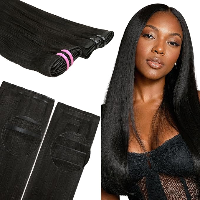 Lashey Invisi Edge & Seamless Clip in Hair Extensions Human Hair, 14 Inch 110g 7pcs(5pcs Invisi Edge& 2pcs Seamless) Real Virgin Human Hair Extensions, Natural Black Straight Hair