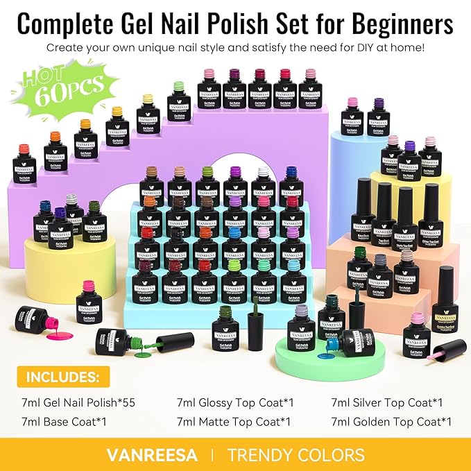 VANREESA 60 Pcs Gel Nail Polish Set 55 Colors Spring Summer Fall Winter Gel Polish with Base Coat Glossy & Matte & Silver & Golden Top Coat Nail Kit Gifts for Women Girls Nail Art Salon at Home