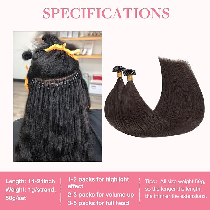 GOO GOO U Tip Hair Extensions, Real Human Hair, 14inch 50g 50S, Hot Fusion, Invisible Remy, 2A Light Brown