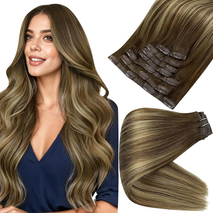 Full Shine Brown Extensions clip in Balayage Brown with Blonde Seamless Hair Extension Short 12 Inch Hair Extensions Clip in Human Hair for Women 12 Inch 95 Grams 8 PCS