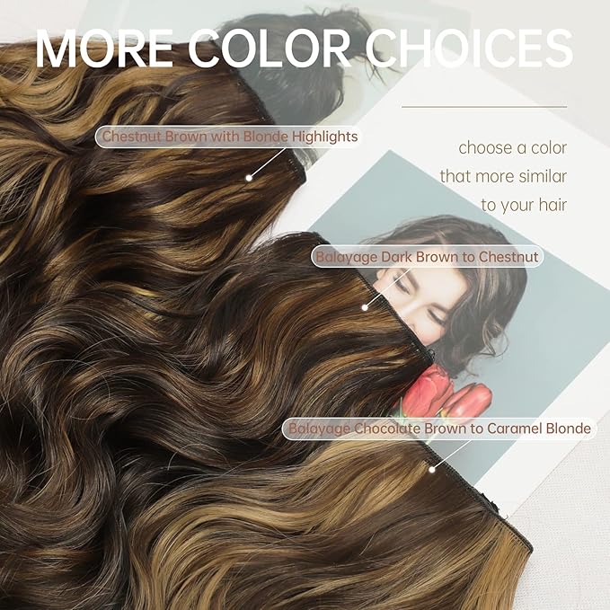 KooKaStyle Invisible Wire Hair Extensions with Transparent Headband Adjustable Size 4 Secure Clips Long Wavy Secret Wire Hairpiece 20 Inch Chestnut Brown with Blonde Highlights for Women