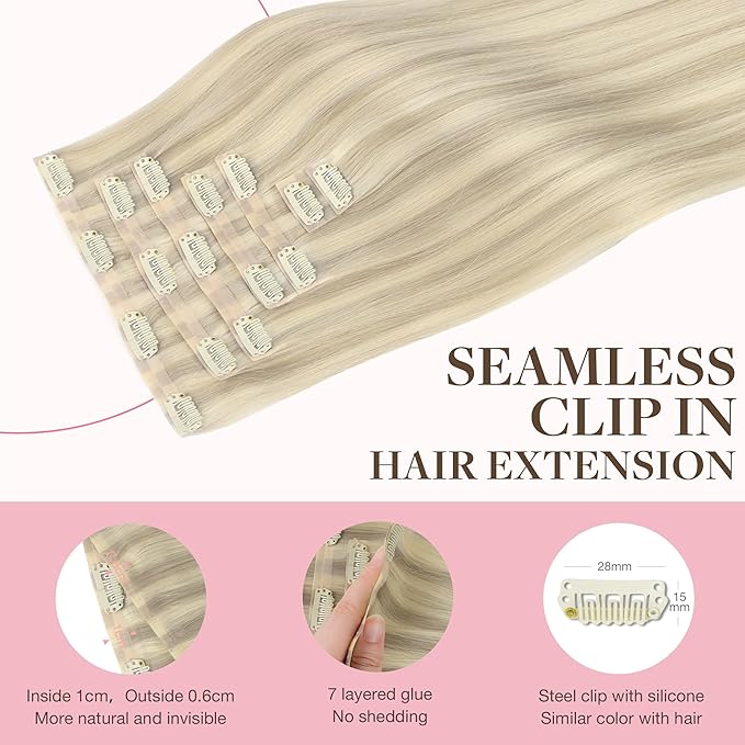 GOO GOO Clip in Hair Extensions Real Human Hair, Remy Human Hair Extensions Clip ins for Women, Natural Human Hair, 22inch 110g 7Pcs, 17A/60A Ash Blonde Highlighted Platinum Blonde
