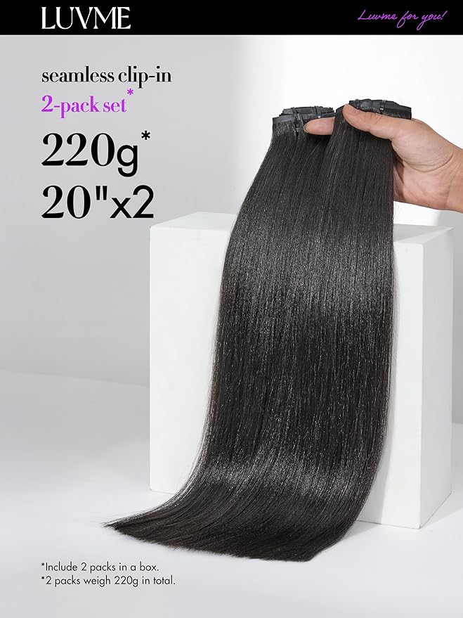 LUVME Yaki Straight Seamless 2 Pack 220g 14Pcs Clip in Hair Extensions Full Max with 26inch Remy Human Hair Extension, Natural Black 100% Real Soft Hair
