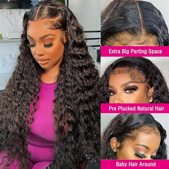 LICHANG Deep Wave 4x4 Transparent Lace Front Wigs Human Hair for Black Women Pre Plucked 180% Density Nature Color 24 Inch