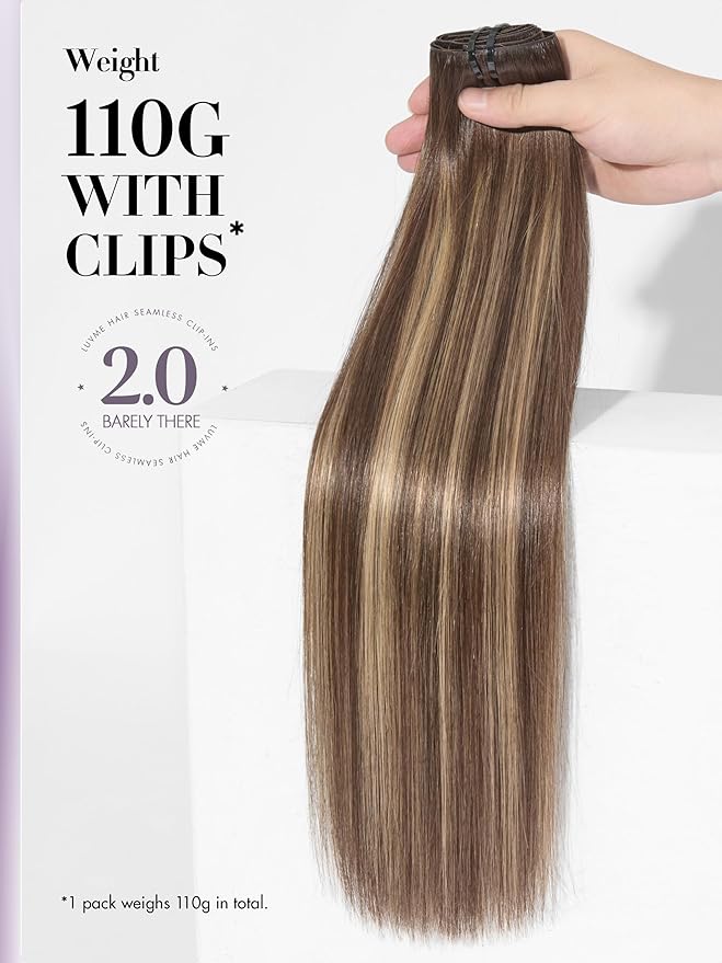 LUVME Invisible Clip in Hair Extensions Real Human Hair, 14 inch 110g 6Pcs, Natural Chestnut Brown Highlights Human Hair Extensions Clip ins for Women, Natural Seamless Straight Human Hair