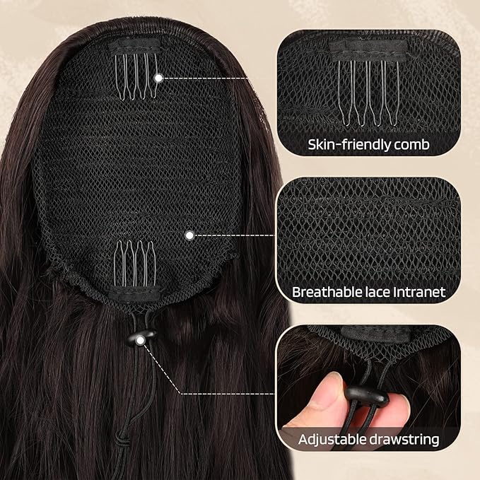 FLUFYMOOZ Ponytail Extension, 26 Inch Drawstring Ponytail Hair Extensions for Women， Long Curly Wavy Ponytail Natural Wavy Synthetic Hairpiece for Women(26 Inch Brown with Blonde Highlights)
