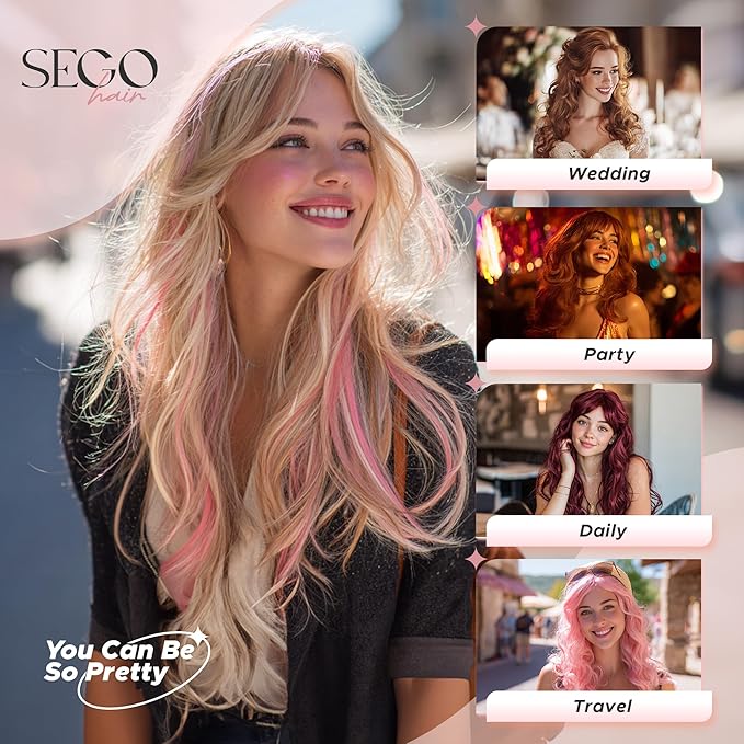 SEGO Single Pink Clip In Hair Extensions Real Human Hair Short 6 Pcs Individual Colored Clip Ins Highlight Remy Balayage Straight Soft Seamless Hairpieces for Women -22 Inch #Pink