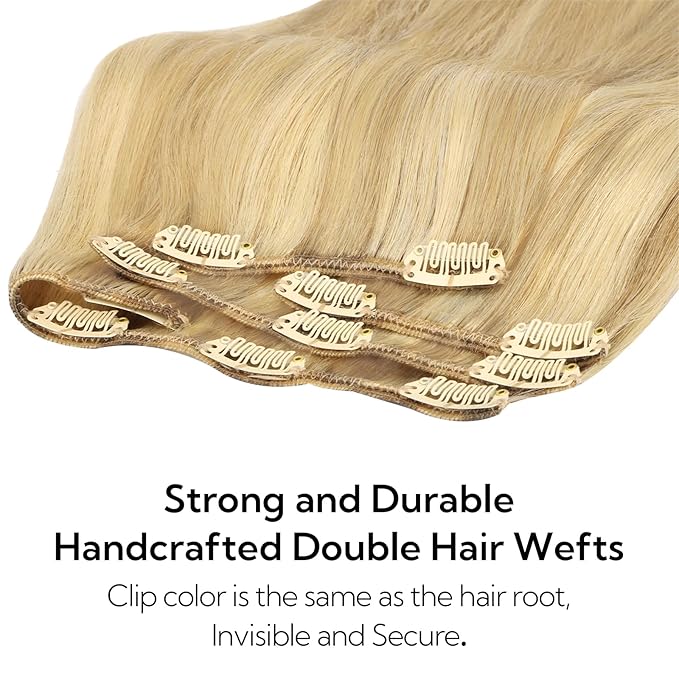 HOTBANANA Clip in Hair Extensions Real Human Hair, 150g 9pcs 24 inch Light Blonde Highlighted Golden Blonde Straight Remy Clip in Extensions Full Head for Women