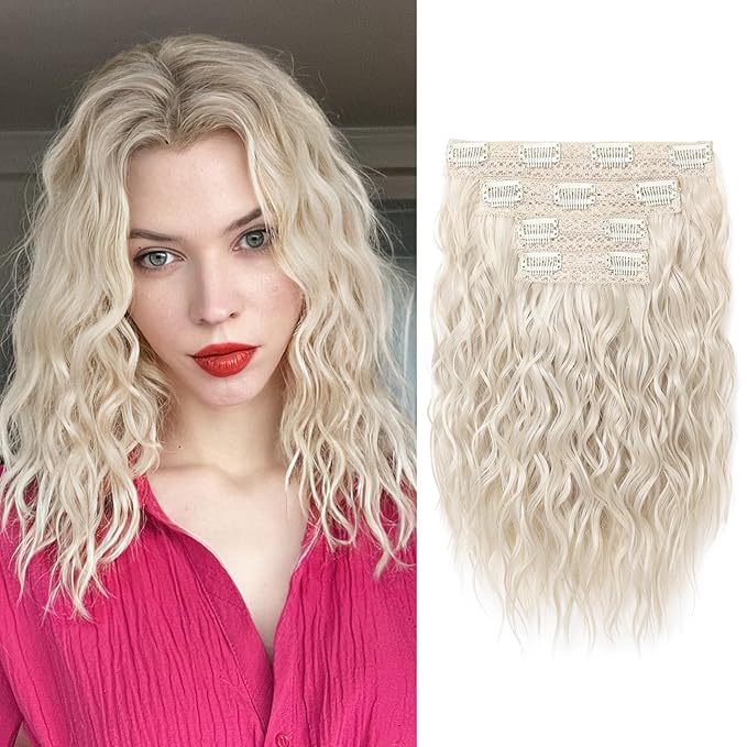 REECHO Clip in Hair Extensions, 4PCS Hair Extensions 12" Short Curly Wavy Blonde hair extensions Invisible Lace Weft Natural Soft Hairpieces for Women – Platinum Blonde