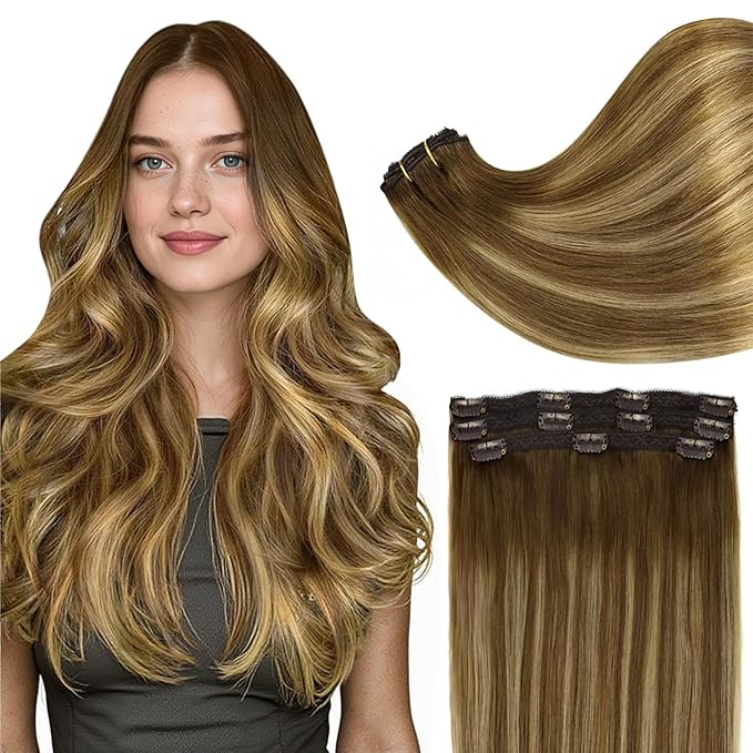 Full Shine Hair Extensions Clip Ins Brown Hair Extensions 12 Inch Real Hair Extensions Ombre Brown Fading to Honey Blonde Highlighted Short Natural Human Hair Extensions for Women 3Pcs 60Grams