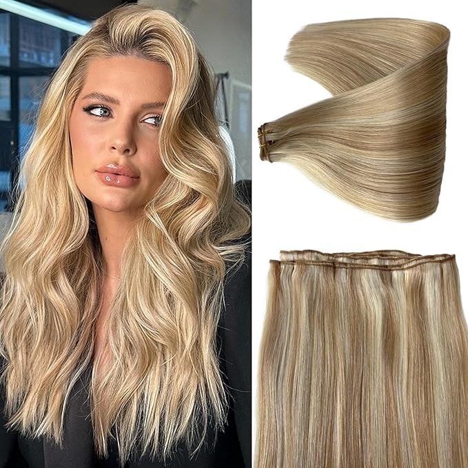 Sew in Hair Extensions Real Human Hair, 17A/60 Ash Blonde Highlight Double Weft Hair Extensions Human Hair, 18 Inch 100G Natural Soft Platinum Blonde Sew in Weft Bundles with Thick Ends