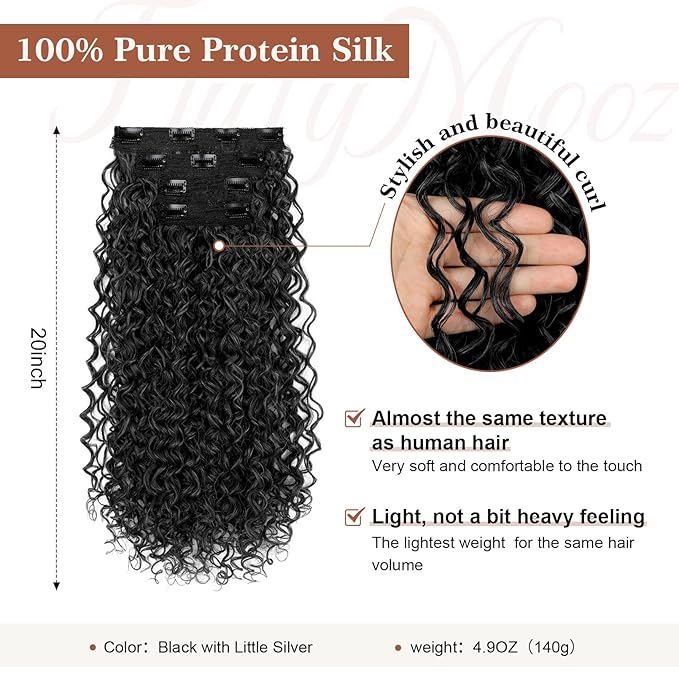 Flufymooz Clip in Hair Extensions, 4PC 100％ Pure Protein Silk Hair Extensions Long Soft Natural Hairpiece 20 Inch Curly Hair Extension for Women-Black with Little Silver