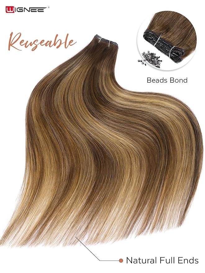 WIGNEE Double Weft Invisible PU OVO Human Hair Extensions 22 Inch Micro Beads Hair Extensions Real Human Hair Highlight Honey Blonde Genius Weft Hair Extensions Human Hair(T4/27)