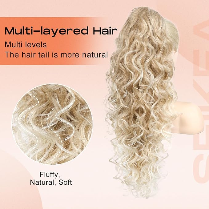 SEIKEA Ponytail Extension, 24" Fluffy Long Wavy Curly Claw Clip Hair Extensions Ponytail Multi-layered Clip in Fake Pony Tails Natural Soft Synthetic Hairpiece Dark Blonde to Light Blonde