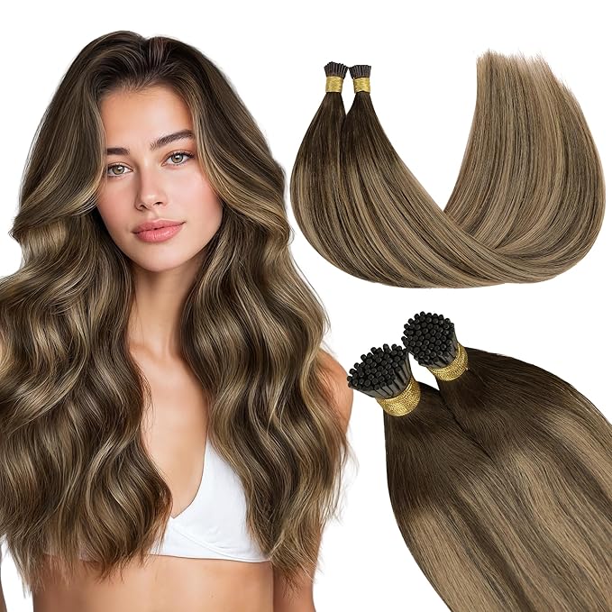 GOO GOO I Tip Hair Extensions Real Human Hair, 14inch 100g 200S, Cold Fusion I Tip Hair Extensions, Invisible Remy Hair Extensions, 4/27/4 Balayage Chocolate Brown to Caramel Blonde