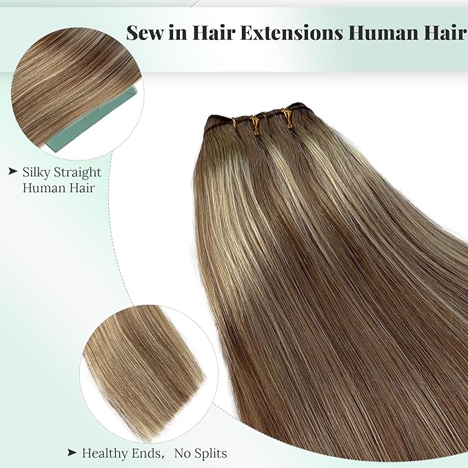 Weft Hair Extensions Human Hair Balayage Ash Brown to Blonde Hair Extensions Real Human Hair Bundles Sew in 12 Inch 80G Straight Ash Brown with Blonde Highlight Ombre Hair Weft Sew in Weave Bundles