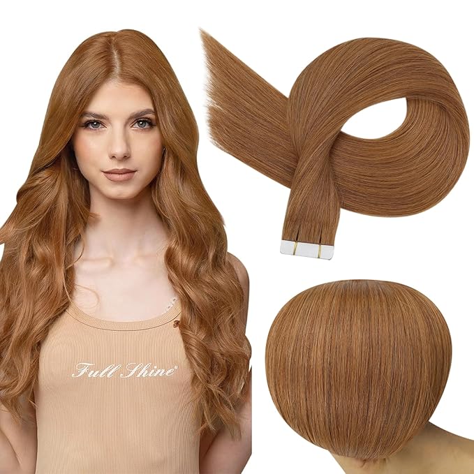 Full Shine Remy Tape Hair Extensions Real Human Hair Color 330 Copper Brown Double Sided Tape in Extensions Human Hair 12Inch Short Invisible Skin Weft 30Gram Natural Straight for Party 20Pcs