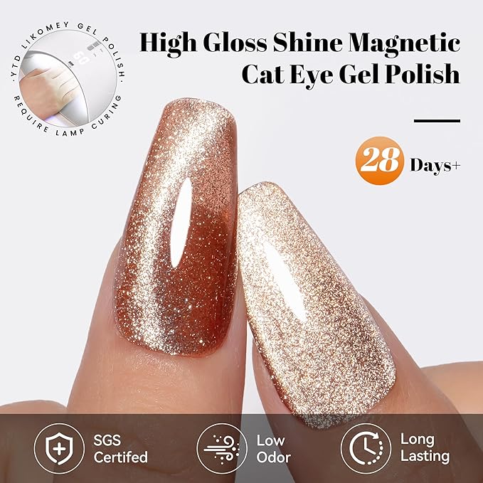 YTD Likomey Cat Eye Gel Nail Polish,Platinum Glitter 15ml Champagne Gold Magnetic Reflective Flash Sparkle Shiny Salon Home Fall Winter UV Color Varnish with Magnet Stick,HEMA Free TPO Free,MY512