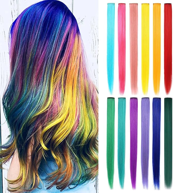 12 PCS 20 inch Rainbow Wig Pieces Colorful Party Highlights Clip in Coloured Hair Extensions Multicolors Straight Synthetic Hairpieces for Women Kids Girls