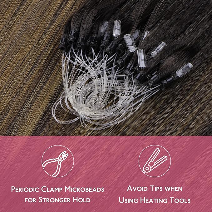 WENNALIFE Microlink Hair Extensions Human Hair, 50g 50s 24 Inch Balayage Dark Brown Mixed Chestnut Brown Remy Micro Bead Hair Extensions Real Human Hair Loop Ring Hair Straight Microlinks