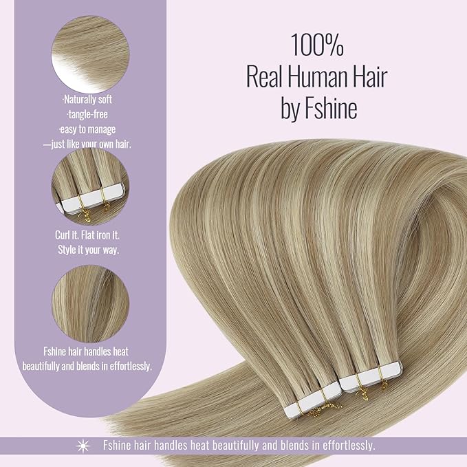 Fshine Tape in Extensions Color Golden Blonde Highlight Light Blonde 22 Inch Tape in Hair Extensions Human Hair Blonde Hair Extensions Human Hair Extensiones de Cabello Humano 50g 20pcs