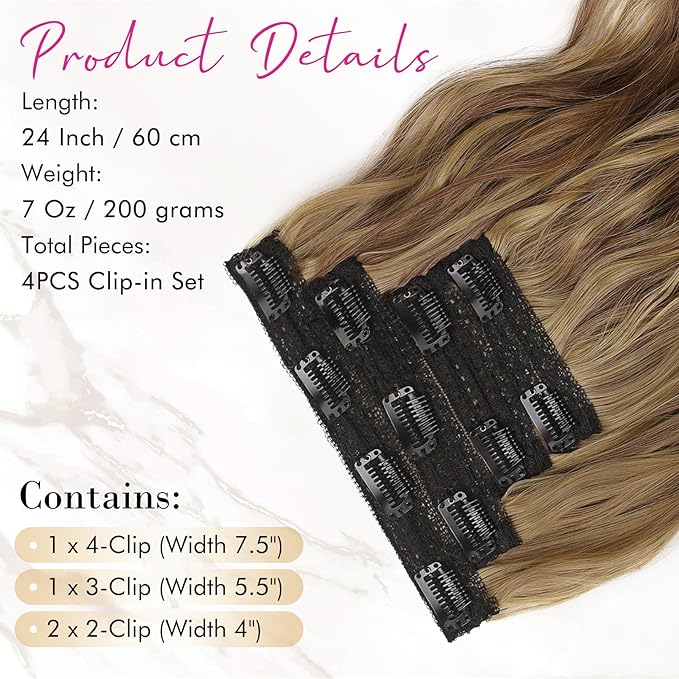 REECHO Clip in Hair Extensions, 4PCS Hair Extensions 24" Thick Long Beach Waves hair extensions Invisible Lace Weft Natural Soft Hairpieces for Women – Medium Reddish Brown with Highlights