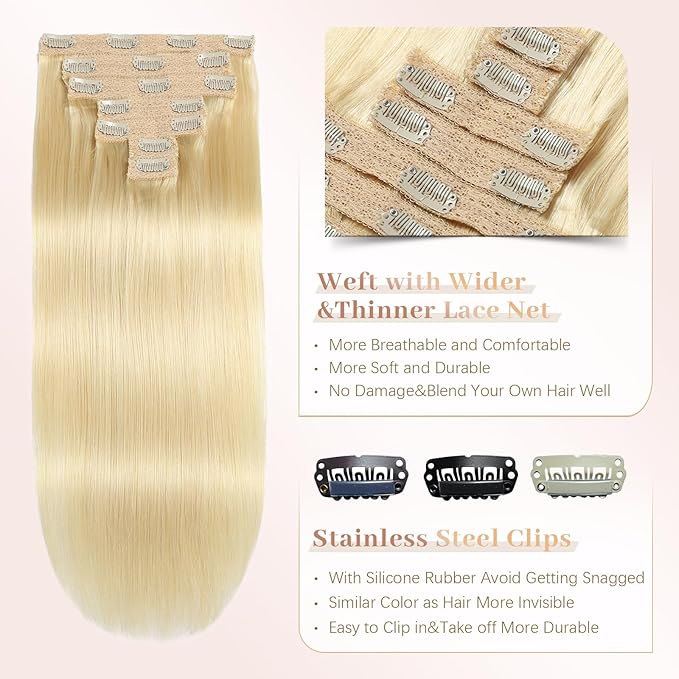 Sisily Clip in Hair Extensions Real Human Hair, 22 inch 120g, Bleach Blonde, 100% Brazilian Remy Human Hair Clip in Extensions Soft Straight 7pcs Per Set with 16 Clips Double Weft