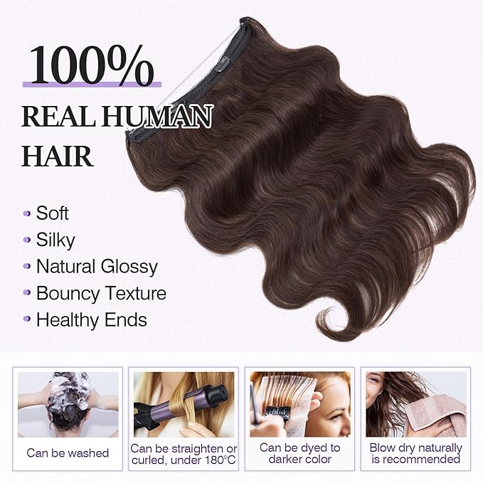 Halo Hair Extensions Real Human Hair,Halo Hair Extension 100% Human Hair,Wire Hair Extensions,Wavy 02 Dark Brown 18Inch/65g