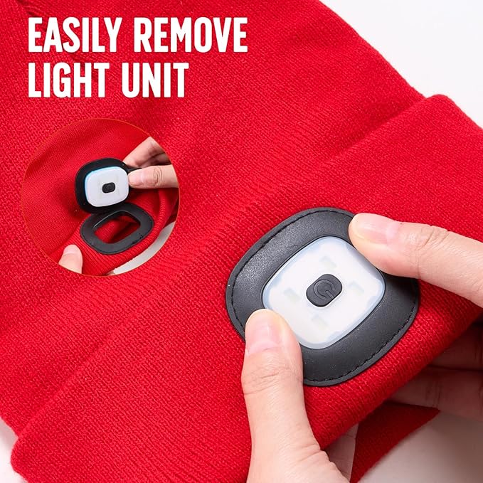Unisex Beanie Hat with Light, Rechargeable Headlight Cap, Stocking Stuffers for Men, Cool Gadget Gifts for Him, Birthday Gifts for Women, Gifts for Him, Red